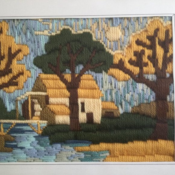 Hand crafted yarn art crew embroidered framed picture trees house - Picture 2 of 3